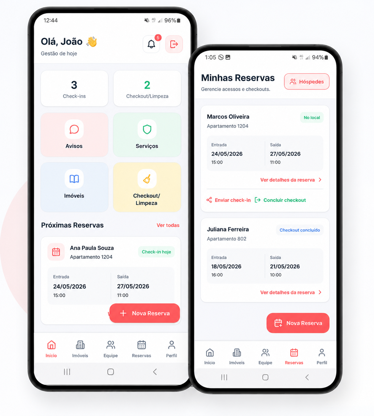 AirChekin mostrando painel do anfitrião e reservas em dois smartphones